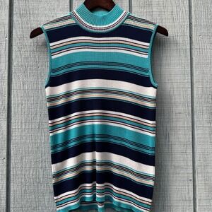 VTG Preswick & Moore Silk Sleeveless Mock Neck Striped Knit Top Small 90's‎ Blue